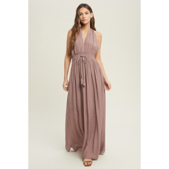SOLD OUT Dark Mauve Solid Halter Smocked Waist Maxi Casual Boho Dress w/ Side - Picture 5 of 6